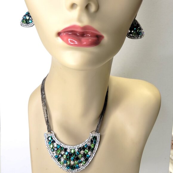 Blue Green Rhinestone Necklace and Earrings Set Rhinestone Collar necklace - Picture 1 of 14